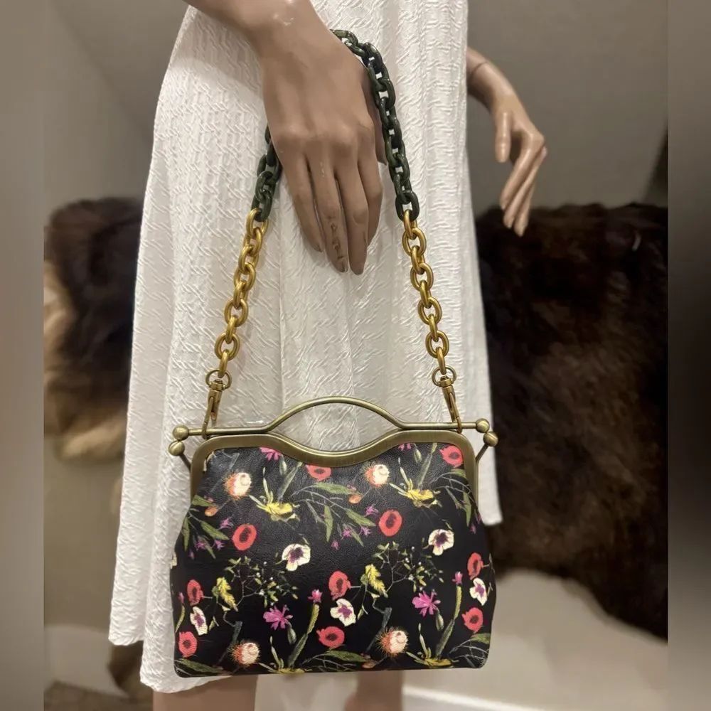 Floral Print Genuine Leather Handmade Double Kisslock Frame & Top Handle Bag